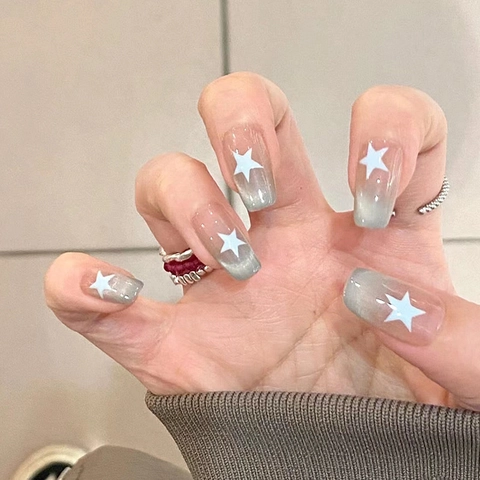 Press On Nagels Cat Eye Gradiënt Blauw Ster Franse Manicure Kistvorm Afneembare Kunstnagels Voor Dames