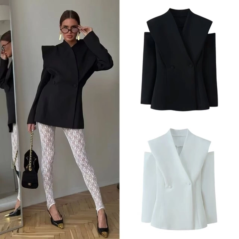 Women Cut Out Shoulder Blazer Jacket V Neck Long Sleeve Double Breasted Solid Color Acrylic Casual Commuter Outerwear