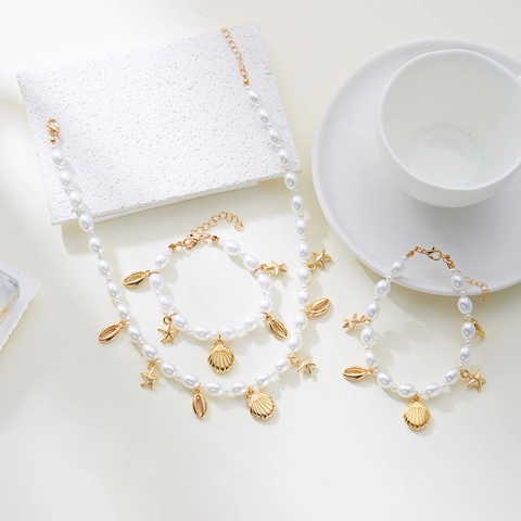 Ocean Theme Artificial Pearl Necklace Bracelet Anklet With Golden Alloy Starfish Shell Conch Pendants Women Beach Jewelry