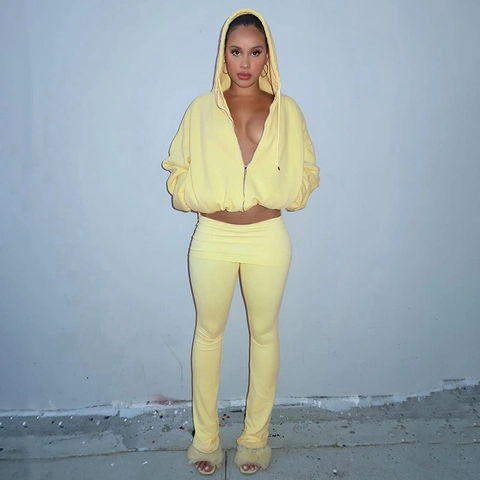 Women Polyester Spandex Hoodie And Flare Pants Casual Sporty Solid Color Zipper Up Long Sleeve High Waist Streetwear Sexy
