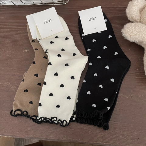 Women Mid-Tube Socks Cotton Blend Ruffle Cuff Heart Pattern Ribbed Knit Sweet Japanese Style Retro Footwear For Girls