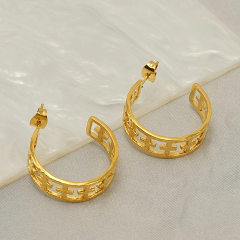 Boucles D'oreilles Créoles Évidées Croix Acier Inoxydable Plaqué Or Forme C Bijoux Géométriques