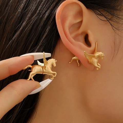 Vintage Horse Unicorn Pegasus Stud Earrings Copper Alloy Gold Silver Plated Enamel Animal Jewelry Gift For Women Girls