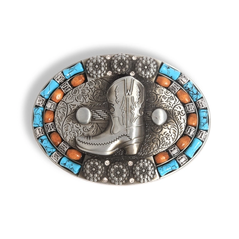 Western Cowboy Riemgesp Vintage Ovaal Zinklegering Reliëf Laars Turquoise Houten Kraal Inlaid Accessoire Voor Heren Dames