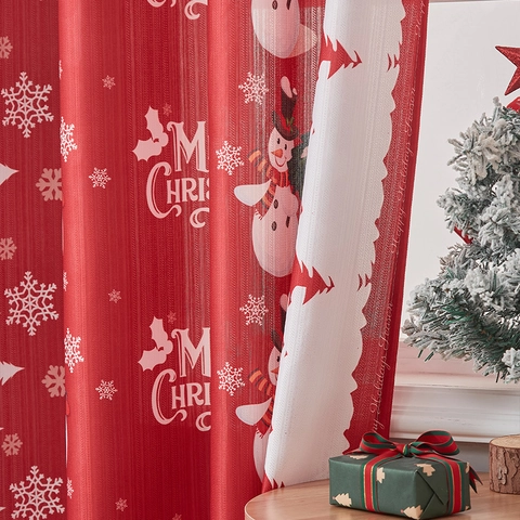 Christmas Curtain Polyester Printed Snowman Snowflake Semi Shading Window Drapes For Living Room Bedroom Holiday Home