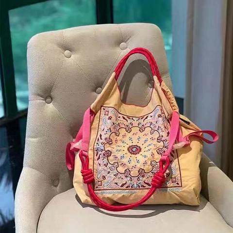 Embroidered Nylon Tote Bag Paisley Pattern Large Capacity Foldable Eco Friendly Shopping Shoulder Bag For Women