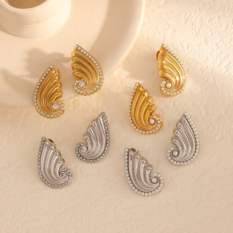 Roestvrijstalen Vleugel Knopoorbellen 18K Verguld Zirkonia Kunstparel Getextureerde Vintage Mode Sieraden Dames