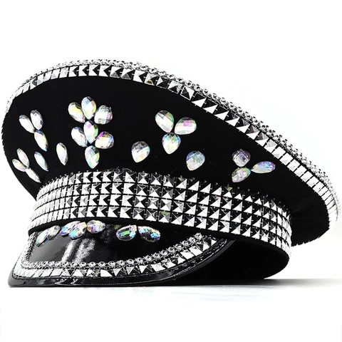 Cappello Da Capitano Di Marina Decorato Con Strass Di Lusso Berretto Militare Da Prestazione Per Donne Uomini Accessorio Da Scena Festa Regolabile