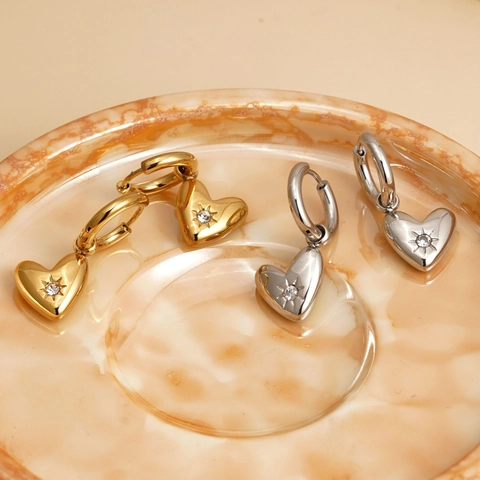 Herz Anhänger Creolen Edelstahl Zirkonia Sternschliff Wasserdicht Anlauffrei Elegant Für Damen