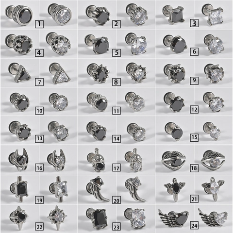 Punk Hip Hop Stud Earrings Stainless Steel Zircon Geometry Heart Wing Screw Back Gothic Jewelry For Men Women