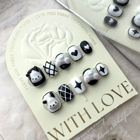 Handmade Press On Nails 3D Cartoon Panda Cat Paw Design Black White Heart Star Pattern Full Cover Reusable False Nails