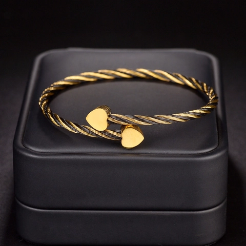 Vintage Heart Open Bangle Bracelet Two-Tone Black Gold Twisted Cable Stainless Steel Jewelry Gift For Women Fashion