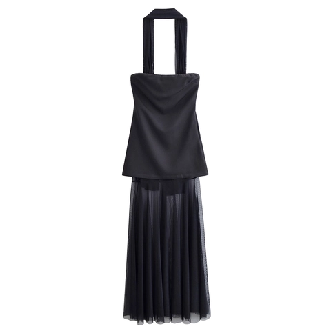Vestido Maxi con Cuello Halter y Espalda Descubierta para Mujer Negro Satén Tul Empalme Plisado Fiesta de Gala Elegante Sexy