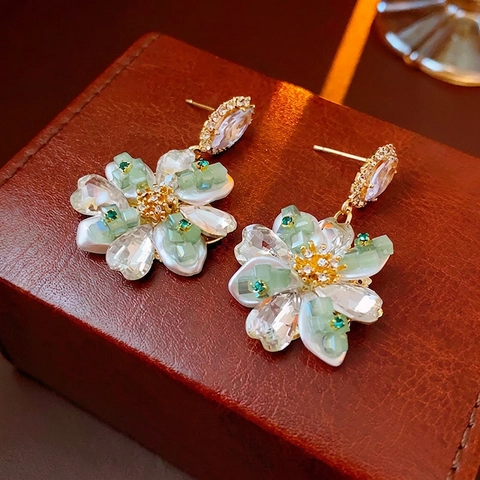 Eleganti Orecchini A Fiore Verde Con Cristalli Strass E Silver Earring Post Stile Vintage Francese Gioielli Da Donna