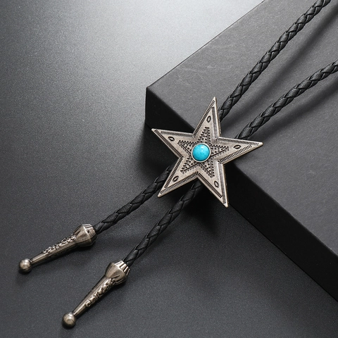 Vintage Western Cowboy Star Bolo Tie PU Leather Necktie Turquoise Alloy Κρεμαστό Άνδρες Γυναίκες Retro Punk Αξεσουάρ