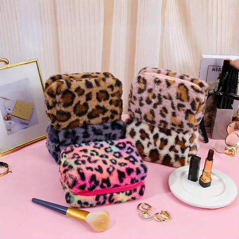 Leopard Print Plush Makeup Bag Fuzzy Cosmetic Pouch Large Capacity Travel Toiletry Storage Bag Fashionable For Women