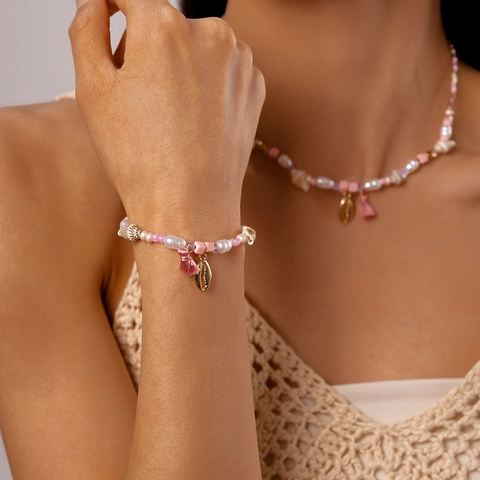 Necklace And Bracelet Bohemian Beach Shell Jewelry Women With Tassel Conch Alloy Imitation Artificial Pearl Vacation Style