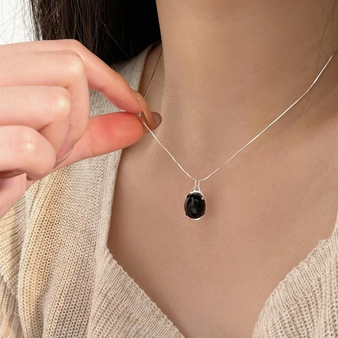 925 Sterling Silver Necklace With Black Agate Oval Pendant Minimalist Vintage Korean Style Snake Bone Chain Jewelry Women