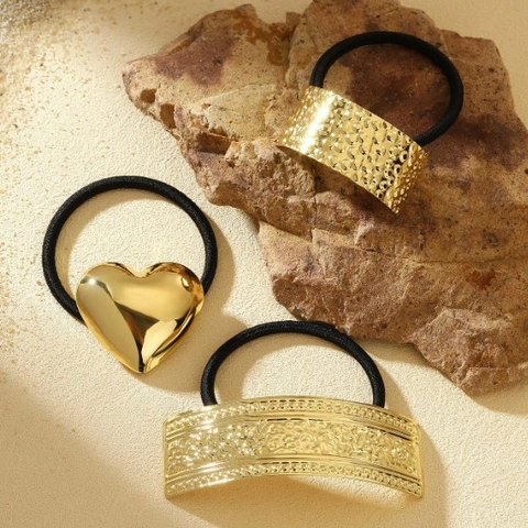 Elastici Per Capelli In Metallo Placcato Oro Cuore Martellato Rilievo Geometrico Corde Elastiche Eleganti Accessori Coda Di Cavallo Donne
