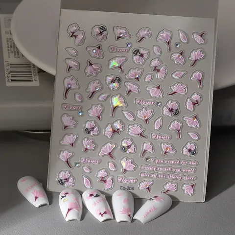 Pink Cherry Blossom 5D Embossed Nail Art Stickers Sakura Flower Laser Holographic DIY Manicure Decals Waterproof