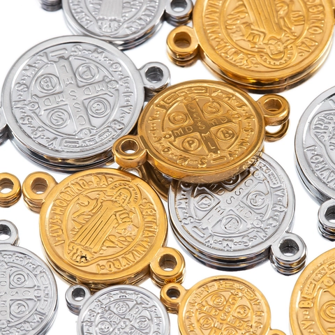 Edelstahl San Benito Medaille Verbinder Mit Zwei Löchern Für DIY Schmuckherstellung Religiöser Runder Anhänger