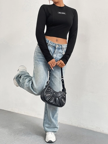Dames Lange Mouwen Crop Top T-Shirt Opstaande Kraag Katoen Polyester Slim Fit Effen Kleur Who Cares Patch Streetwear
