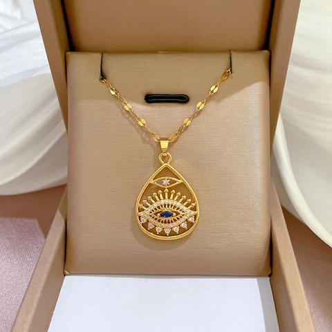 Evil Eye Halskette Mit Kupfer Zirkonia Pave Wassertropfen Anhänger Titanstahlkette Böhmischer Schmuck Für Damen