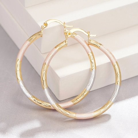 Exquisite Tri-color Geometric Hoop Earrings For Women Three-Tone Gold Silver Rose Gold Plated Copper Round Textured Circle Earrings Fashion Jewelry Gift