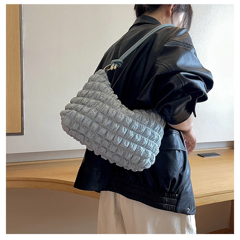 Borsa A Spalla Donna Trama A Bolle Morbida Pieghe Nylon Borsa Sottoascellare Tracolla Con Nodo Moda