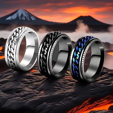 Rotatable Stainless Steel Chain Spinner Ring For Men Women Hip Hop Punk Industrial Style Stress Relief Polished Jewelry Finger Ring Gift