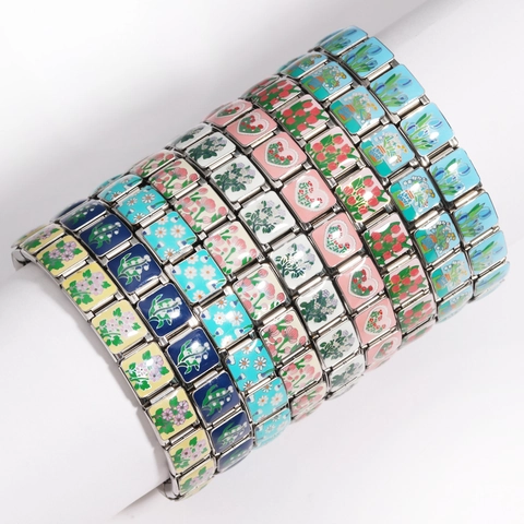 Italian Charm Bracelet Stainless Steel Modular Link Floral Flower Print Stretchable Snap-Fit Jewelry For Women Men DIY