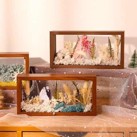 Holz Schattenbox Rahmen 3D Hohl Trockenblumen Display Doppelseitig Transparent Glas Tischplatte Wohnkultur Rechteckig