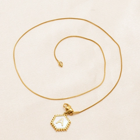 Hexagon Initial Pendant Necklace Stainless Steel 18K Gold Plated Mother Of Artificial Pearl Alphabet Letter Snake Chain For Women