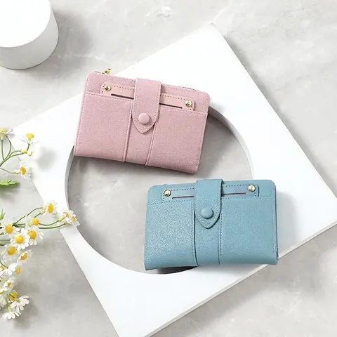 Damen Kurze Geldbörse Lychee Textur PU Leder Zweifach Kartenhalter Druckknopf Reißverschluss Münzfach Retro Elegant