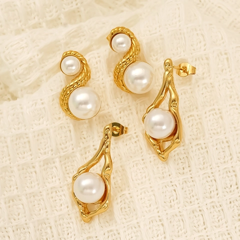 Artificial Pearl Stud Earrings 304 Stainless Steel 18K Gold Plated Irregular Geometric Twisted Rope Retro French Style Waterproof Hypoallergenic For Women