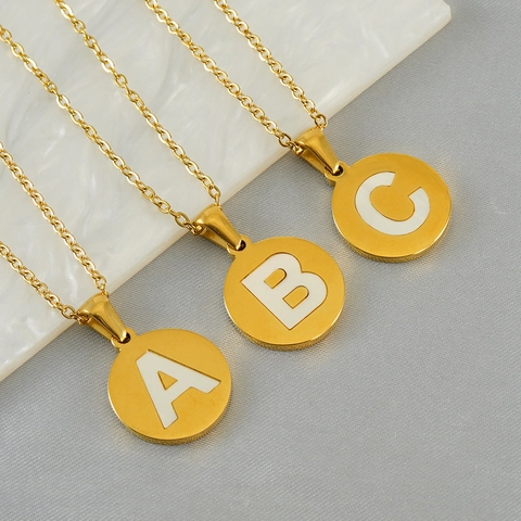 Collar Con Letra Alfabeto Acero Inoxidable Chapado En Oro 18K Concha Natural Colgante Redondo Joyería Mujer