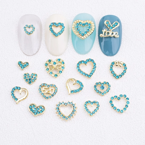 Herzförmige Nailart Charms Legierung Gold Blau Strass Hohl Schleife Design Schmuck Zubehör Für Frauen DIY Maniküre