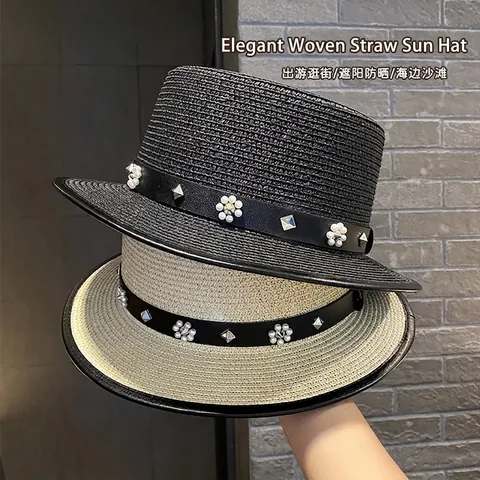 Cappello di Paglia Francese Elegante da Donna con Cintura in Perle Artificiali Fibbia in Pelle a Tesa Larga per l'Estate