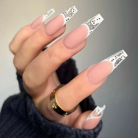 Uñas Postizas Largas De Ataúd Francesas Muñeco De Nieve Navidad Rosa Nude Mate Invierno Con Pegatinas Adhesivas Y Mini Lima
