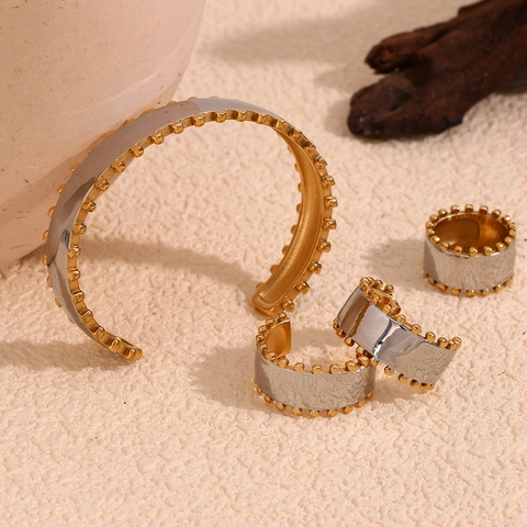 Edelstahl Zweifarbig Schmuck 18K Vergoldet Perlenrand Manschettenarmband Ohrringe Ring Modeschmuck Für Damen