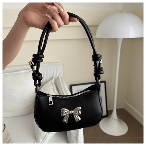 Trendy PU Leather Underarm Bag With Silver Bow Decoration And Knotted Strap For Women Retro Style Versatile