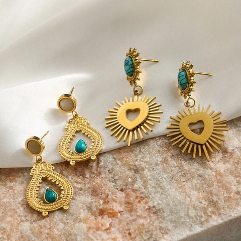 Klassische Vergoldete Titanstahl Ohrringe Mit Türkissteinen Im Tropfen Und Herz Sonnenstrahl Design Modeschmuck Für Damen