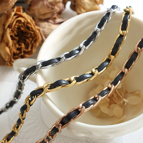 Geflochtene Lederkette Halskette Und Armband Titanstahl 18K Vergoldet Eleganter Ins-Stil Schmuck Für Damen