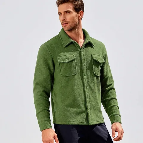 Men Fleece Shacket Heavyweight Warm Outdoor Casual Lapel Button Down Solid Color Long Sleeve Jacket Coat