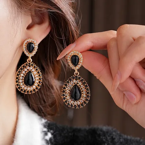 Orecchini Pendenti Goccia Vintage Con Perno In Argento Lega Strass Pietra Nera Stile Palazzo Per Donne