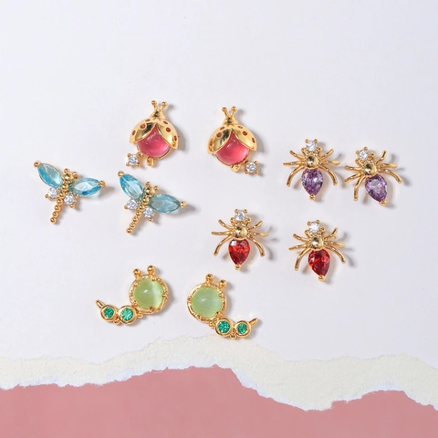 Animal Insect Stud Earrings Brass 18K Gold Plated With 925 Sterling Silver Earring Post Colorful Rhinestone For Women