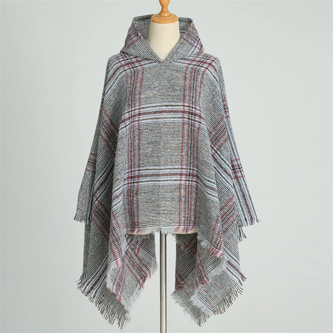 Kapuzen Poncho Schal Kariert Kaschmir Imitat Winter Warmer Schal Mit Quasten Für Damen Lässiger Oberbekleidung Umhang