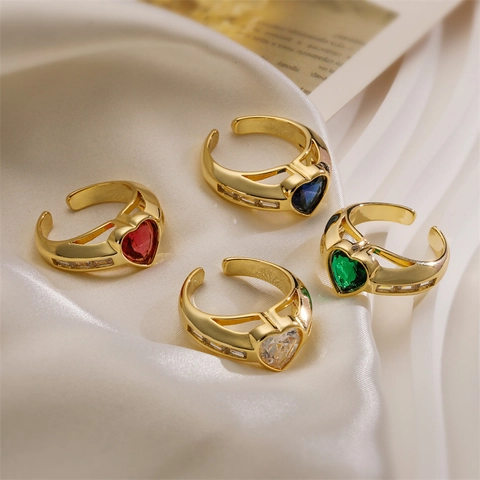 Anello Regolabile Aperto A Cuore Rame Micro-Zirconi Placcato Oro Gioielli Di Moda Per Donne