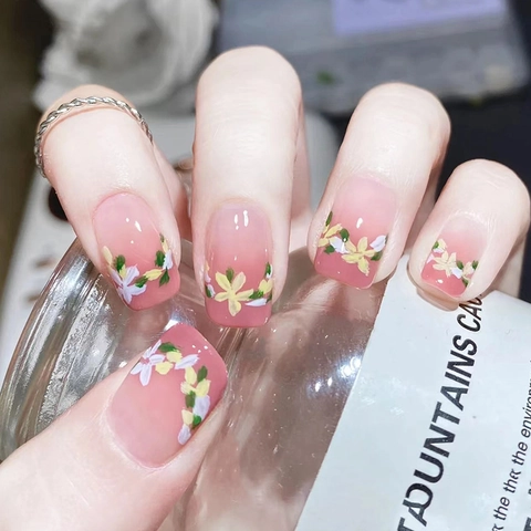 Press On Nails Square Round Shape Plastic Pink Gradient Floral Print Pattern Elegant Sweet Style Artificial Fingernails Manicure