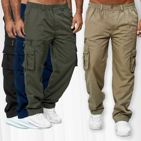Men's Casual Cotton Cargo Pants Solid Color Straight Leg Multi Pocket Drawstring Elastic Waist Outdoor Daily Bottoms